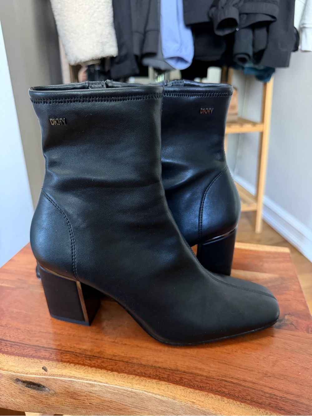 DKNY Black Leather Booties with Block Heel